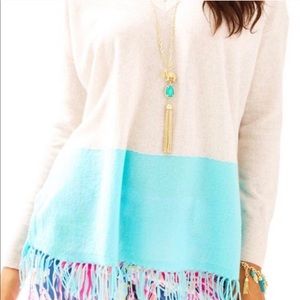 NWT Lilly Pulitzer Cashmere Alessandra Fringed Sweater serene blue oatmeal L/XL